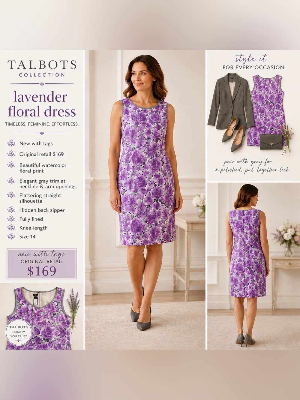 NWT Talbots Lavender Floral Dress - Size 14
